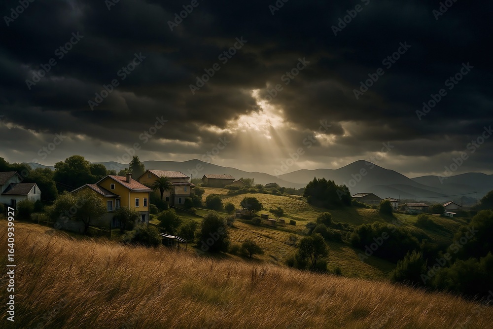 Fototapeta premium Dramatic sky over rural landscape with sun rays through clouds