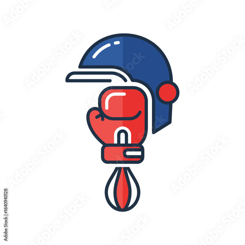 A classic martial arts flat icon. It combines a boxing glove, a punching bag, and a helmet, symbolizing power, training, and self-defense