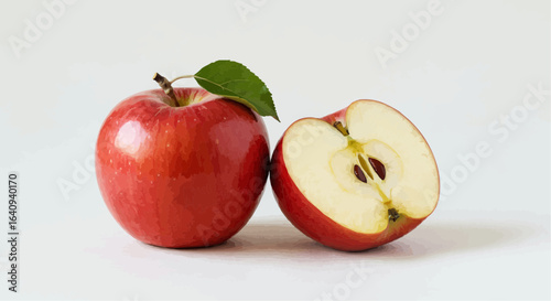 A vibrant red apple with one half cut open, showcasing its juicy interior and a fresh leaf, exuding freshness and health.