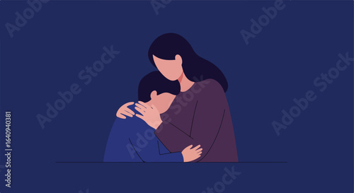 Embracing solace two figures in a gentle embrace, dark hair, support, and tenderness