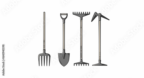 Four essential gardening tools arranged in a row.