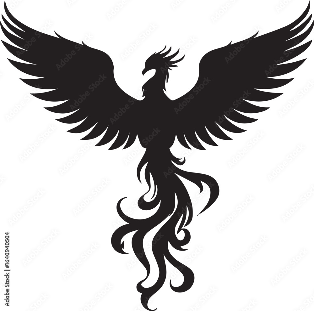 Obraz premium Phoenix Rising: A dramatic black and white silhouette of a phoenix with wings spread wide, signifying rebirth, resilience, and transformation. A captivating depiction of this mythical creature.