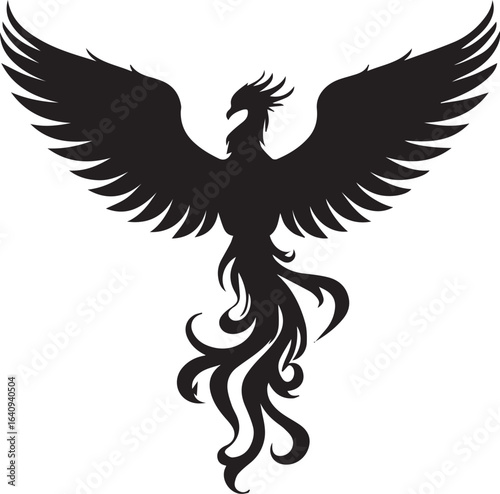 Phoenix Rising: A dramatic black and white silhouette of a phoenix with wings spread wide, signifying rebirth, resilience, and transformation. A captivating depiction of this mythical creature.