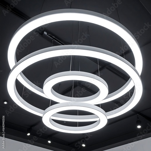 Triple-ring LED pendant light fixture, modern design, bright illumination against dark ceiling