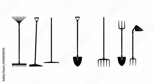 An array of Gardening tools in silhouette form.