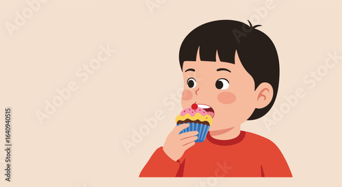 Cartoon of a boy happily eating a cupcake. Pink frosting and cherry on top