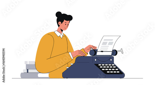 Woman works on vintage typewriter. Books next to her on a white background