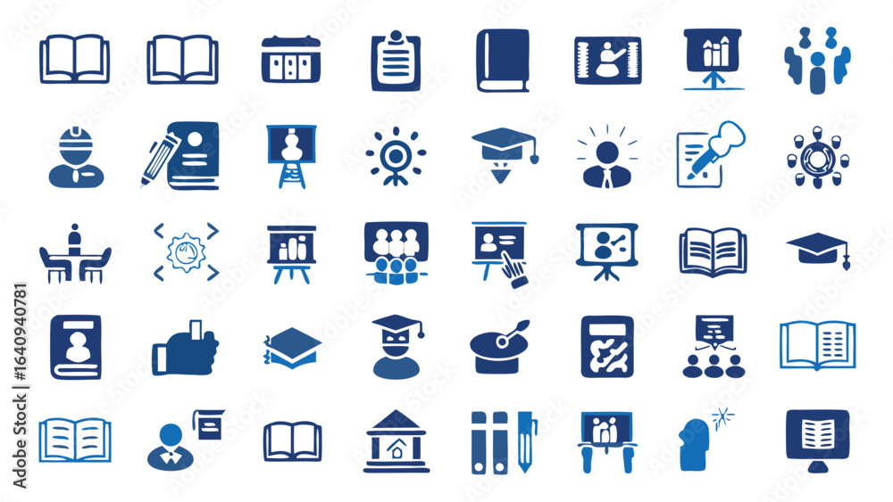 Obraz premium Collection of educational icons depicting learning knowledge and academic pursuits in blue color scheme