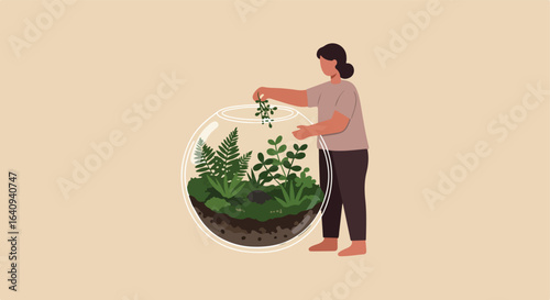 Terrarium Maker A woman adds a plant to a globe-shaped terrarium, full of lush greenery