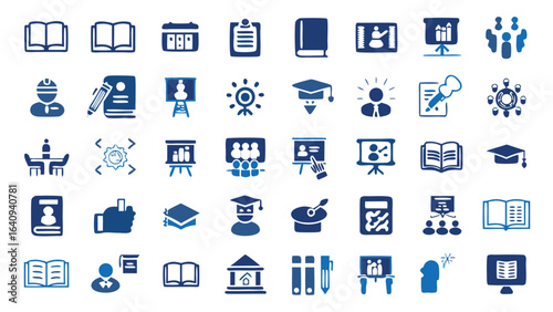 Collection of educational icons depicting learning knowledge and academic pursuits in blue color scheme