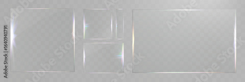 Transparent glass frame set isolated, realistic clear plastic film border, shiny glare overlay, vector template for photo decoration.
