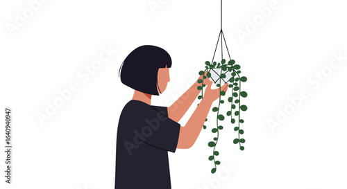 Person tending a hanging plant in geometric pot. Simple line art and shapes