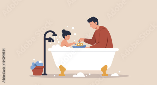 Bathtime! Father helps a child to play with a boat in a bathtub full of bubbles