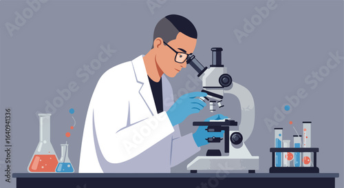 Researcher studies samples with a microscope and assorted chemical equipment