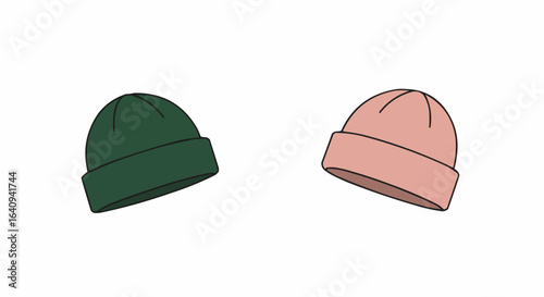 Two stylish beanies floating in mid-air. The green one on the left and the pink one on the right show a fashionable aesthetic. 