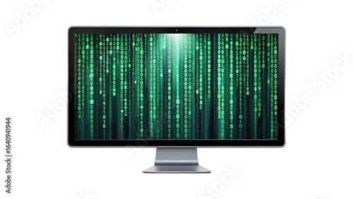 Modern computer monitor displaying the matrix code isolated on transparent background, showcasing digital technology and cyber security in a studio shot