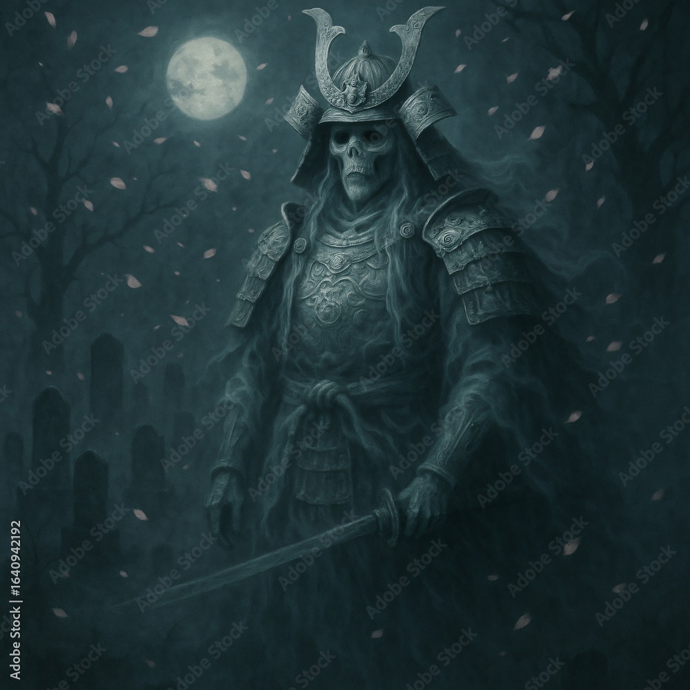 Obraz premium Spectral Samurai Lord Standing in a Mist-Soaked Graveyard Under Falling Cherry Blossoms
