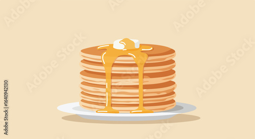 Tall stack of pancakes with butter and syrup, atop a white plate