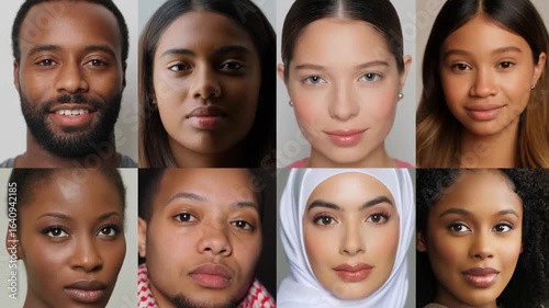 Diverse group of people representing various ethnicities and genders standing together, embodying multicultural harmony and social inclusivity against neutral background