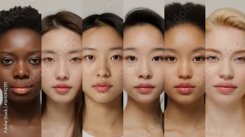 Diverse women representing multiple ethnicities posing serenely against neutral background, creating inclusive visual composition highlighting beauty and multicultural connections
