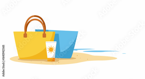 Beach bag and sunscreen on the sand, ready for summer fun.