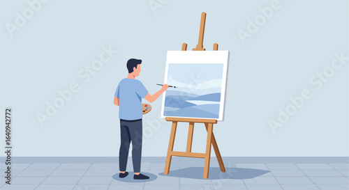 Artist painting Man with brush, palette, easel. Abstract landscape on canvas