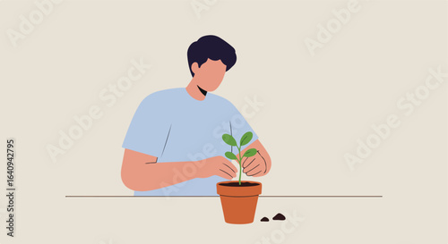 Man tending to a small green plant in a brown pot on a tan table