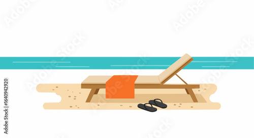 An inviting beach scene with a lounge chair, a towel, and slippers, set against a backdrop of a serene ocean.