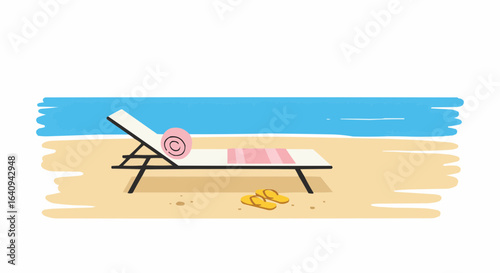 A beach scene with a lounge chair, a towel, and some sandals, ideal for a relaxing summer day.