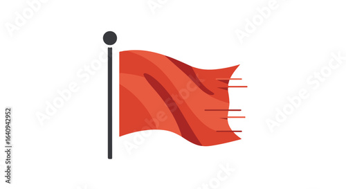 Waving red flag on a black pole with black top, on white. Movement is indicated