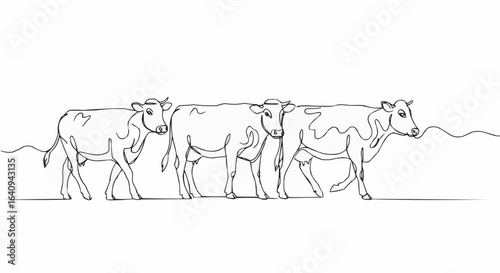 Three cows gracefully walking across a flat, minimalist landscape.