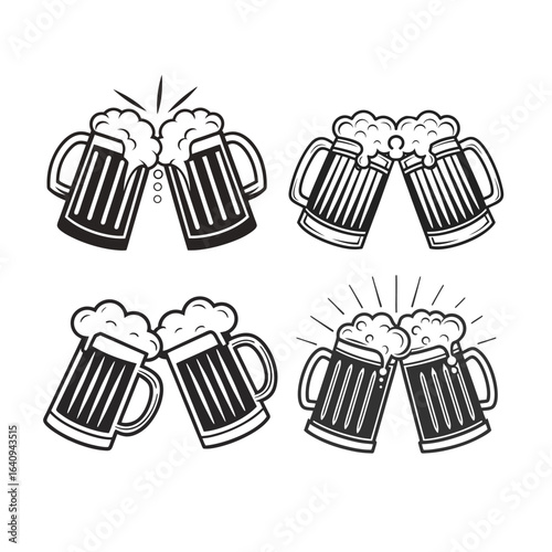 Four beer mug cheers in black and white illustration