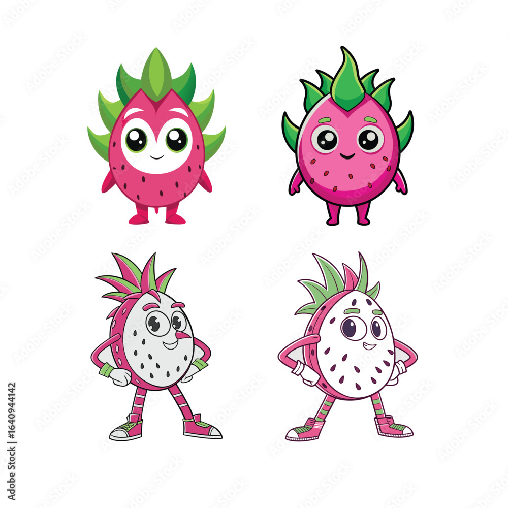 Fototapeta premium Four cartoon dragon fruit characters on white background