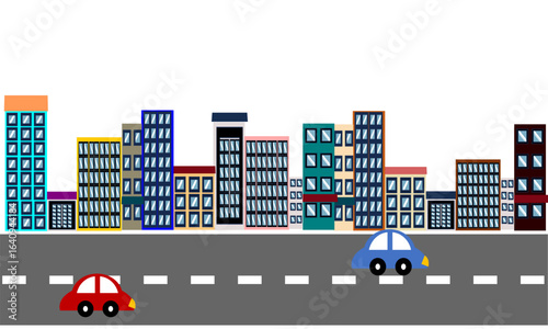 vector illustration of set of buildings in the city road and car, town
