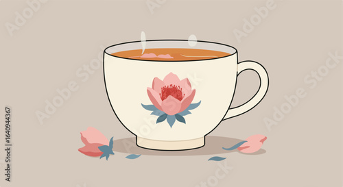 Cup of Herbal Tea Tea cup with floral art, with a warm beverage on a neutral backdrop