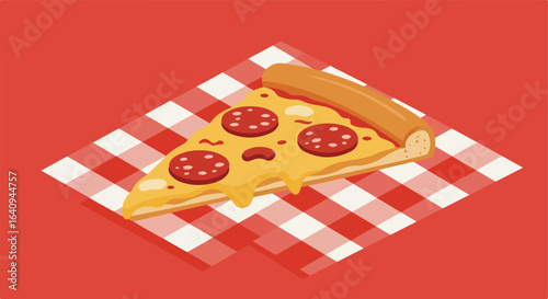 Slice of pizza with pepperoni and cheese on red/white checkered tablecloth