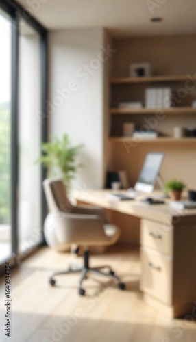 Generative AI: Blurry view of an elegant modern home office with desk, chair, and computer for work.