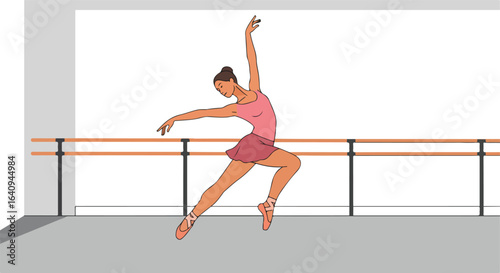Ballerina in a studio leaps gracefully, wearing a pink leotard & skirt, poised elegantly
