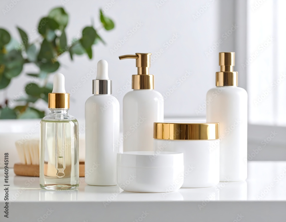 Naklejka premium White cosmetic containers with gold accents sit on a counter, next to a brush and greenery