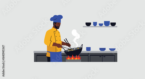 Chef stirring food in wok on stove top with flames, bowls on counter background