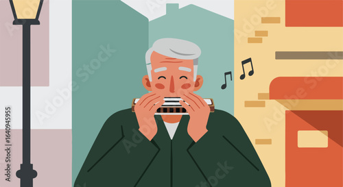 Man plays harmonica in urban setting, standing near a building, next to a lamppost