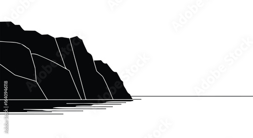 Monochrome cliffside descends into calm water, reflective on the shoreline below