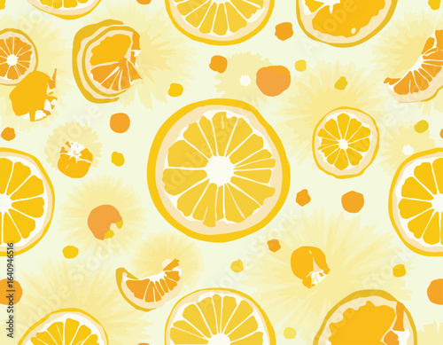 A vibrant, seamless pattern featuring stylized yellow and orange citrus fruit slices and wedges on a light background.
