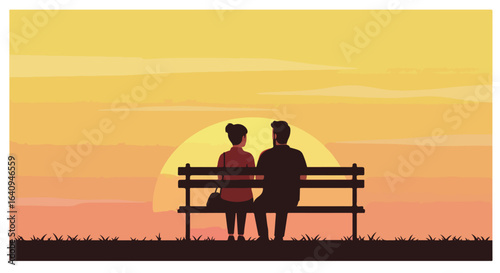 Sunset bench couple gazes at warm horizon, sharing quiet moment on bench at dusk