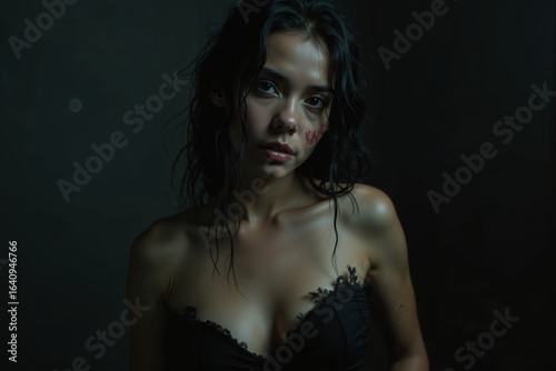 Young woman with wet hair looking serious in dimly lit setting  