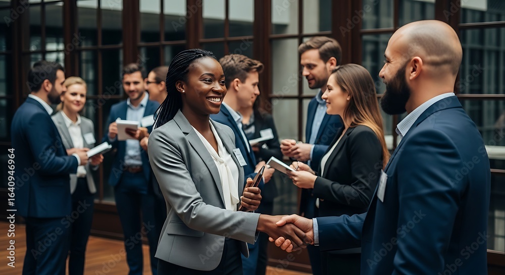 Diverse group of professionals shaking hands and networking at a business event