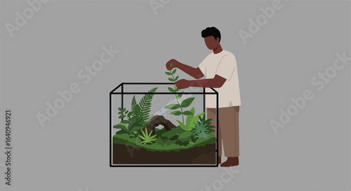 Person tending a terrarium. Contains soil, ferns, green plants, and a branch