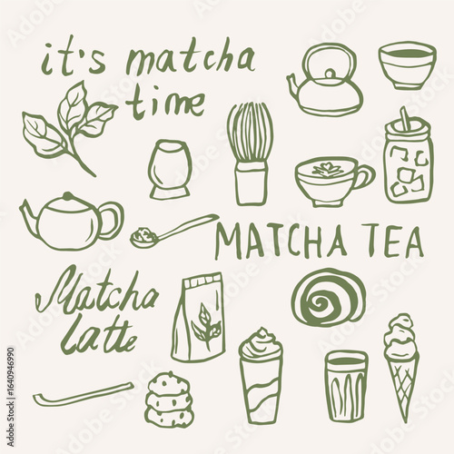 Hand drawn doodle matcha tea elements