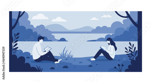 People reading lakeside, trees & hills in background. Soft blue color palette