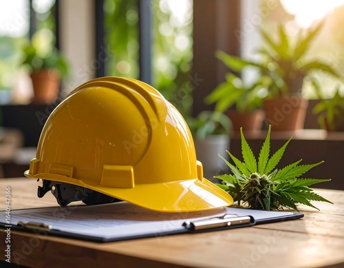 Yellow hard hat rests on paperwork near cannabis